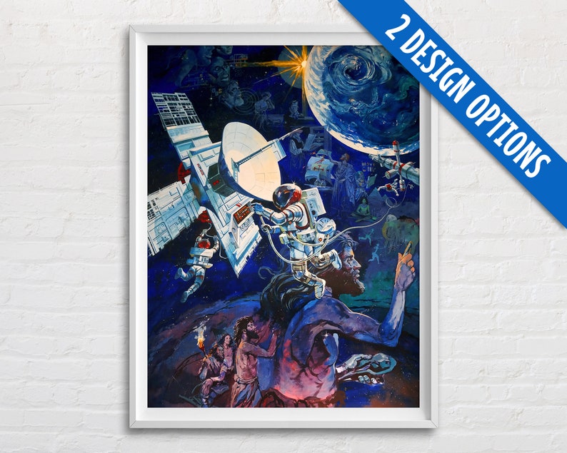 Puede incluir: Una ilustraci&oacute;n vintage de ciencia ficci&oacute;n colorida que representa una estaci&oacute;n espacial, astronautas y una escena futurista con un planeta azul y verde en el fondo.
