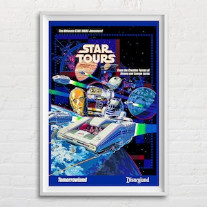 Star Tours 1986 Disneyland Attraction Poster Reproduction Print, Retro Tomorrowland, Vintage Disney Star Wars Theme Room Home Decor Wall Art