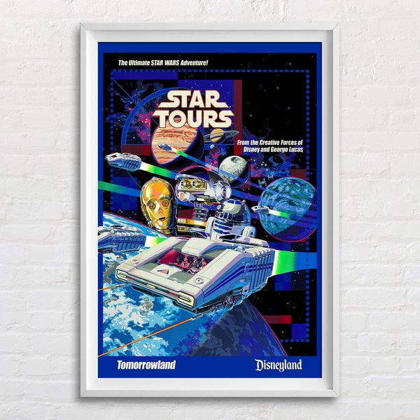 Star Tours 1986 Disneyland Attraction Poster Reproduction Print, Retro Tomorrowland, Vintage Disney Star Wars Theme Room Home Decor Wall Art