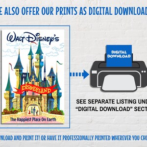May include: A digital download of a vintage illustration of Walt Disney's Disneyland featuring Sleeping Beauty's castle with the text "WALT Disney's" and "DISNEYLAND" in red and white. The text "The Happiest Place On Earth" is below the castle. The image is next to a printer with a blue square that says "DIGITAL DOWNLOAD".