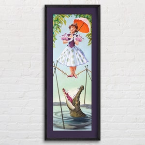 Haunted Mansion Stretching Room Portrait Poster of Tightrope Walker Girl Over Alligator, Vintage Disney, Magic Kingdom, Retro Wall Art Print