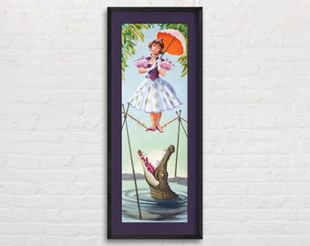 Haunted Mansion Stretching Room Portrait Poster of Tightrope Walker Girl Over Alligator, Vintage Disney, Magic Kingdom, Retro Wall Art Print