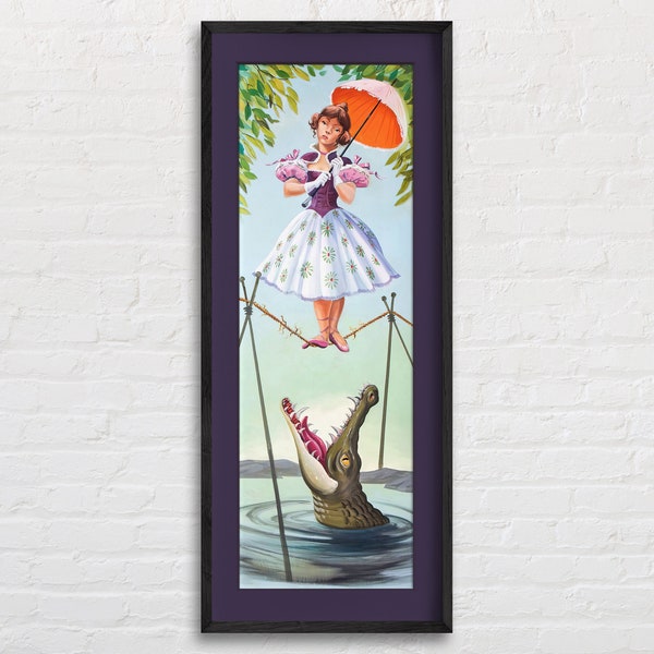 Haunted Mansion Stretching Room Portrait Poster of Tightrope Walker Girl Over Alligator, Vintage Disney, Magic Kingdom, Retro Wall Art Print