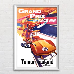 May include: A vintage poster for the Grand Prix Raceway ride at Tomorrowland in Walt Disney World. The poster features a bright orange and yellow race car with the number 39 on the side, and a checkered flag. The text on the poster reads "Grand Prix Raceway, Challenge the Checkered Flag! Tomorrowland, Walt Disney World."