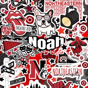 Może przedstawiać: Kolekcja naklejek z motywami Northeastern University, w tym megafon, buldog francuski w okularach, reflektor, maska teatralna, wysokie trampki, husky, panorama miasta oraz imię Noah napisane pogrubionymi czarnymi literami.