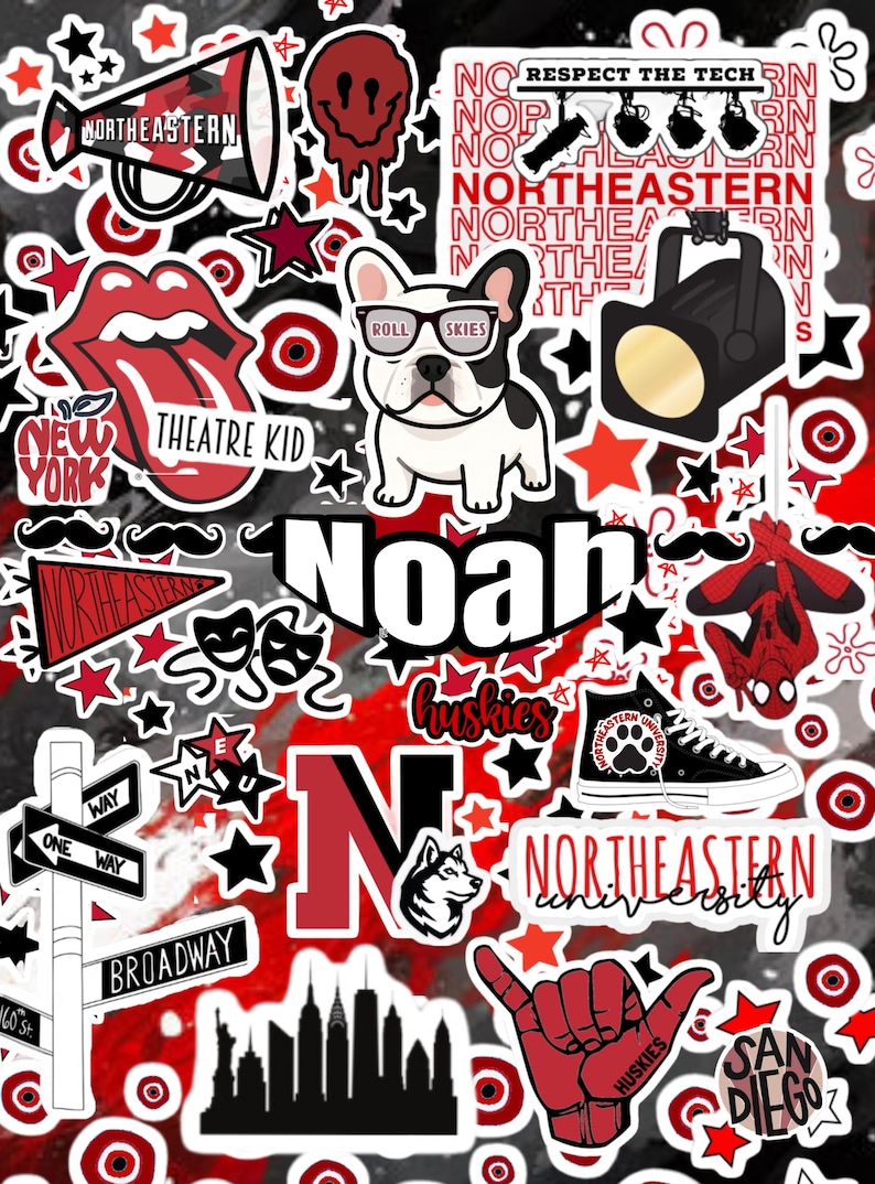 Może przedstawiać: Kolekcja naklejek z motywami Northeastern University, w tym megafon, buldog francuski w okularach, reflektor, maska teatralna, wysokie trampki, husky, panorama miasta oraz imię Noah napisane pogrubionymi czarnymi literami.
