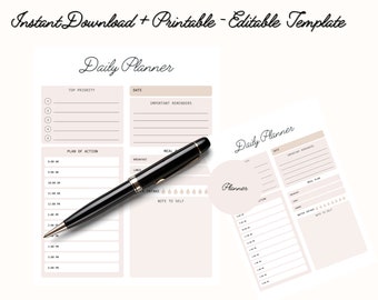 May include: A printable daily planner template with sections for top priority tasks, important reminders, a plan of action, meal planning, water intake, and notes to self. The template is designed with a light brown background and black text.