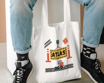 Bolsa de algodón personalizada para libros de biblioteca para niños / Diseño de camiones de construcción / Personalizado