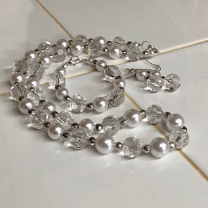 Large White pearls and clear glass 24 in necklace, bracelet and earrings, beautiful set