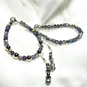 Frosted Purple Glass Bead Bracelet Stack Silver Dangle Earrings Iridescent Jewelry Set
