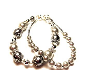 Gray Glass Pearl Bracelets, Silver Rhinestone Rondelles, Layering Jewelry Set