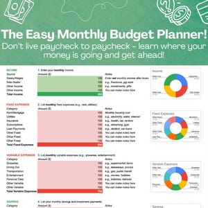 May include: A green and white monthly budget planner titled "The Easy Monthly Budget Planner!". It features sections for income, fixed and variable expenses, and savings, with space for amounts and notes. Pie charts are included to illustrate income and expenses.