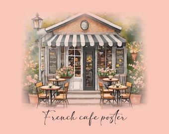 Printable | French cafe poster | Dreamy watercolour-style | Sweet little Parisian cafes | 15 cafes | A1 size