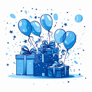 ¡Globos, confeti, regalos! / Tarjeta de felicitación