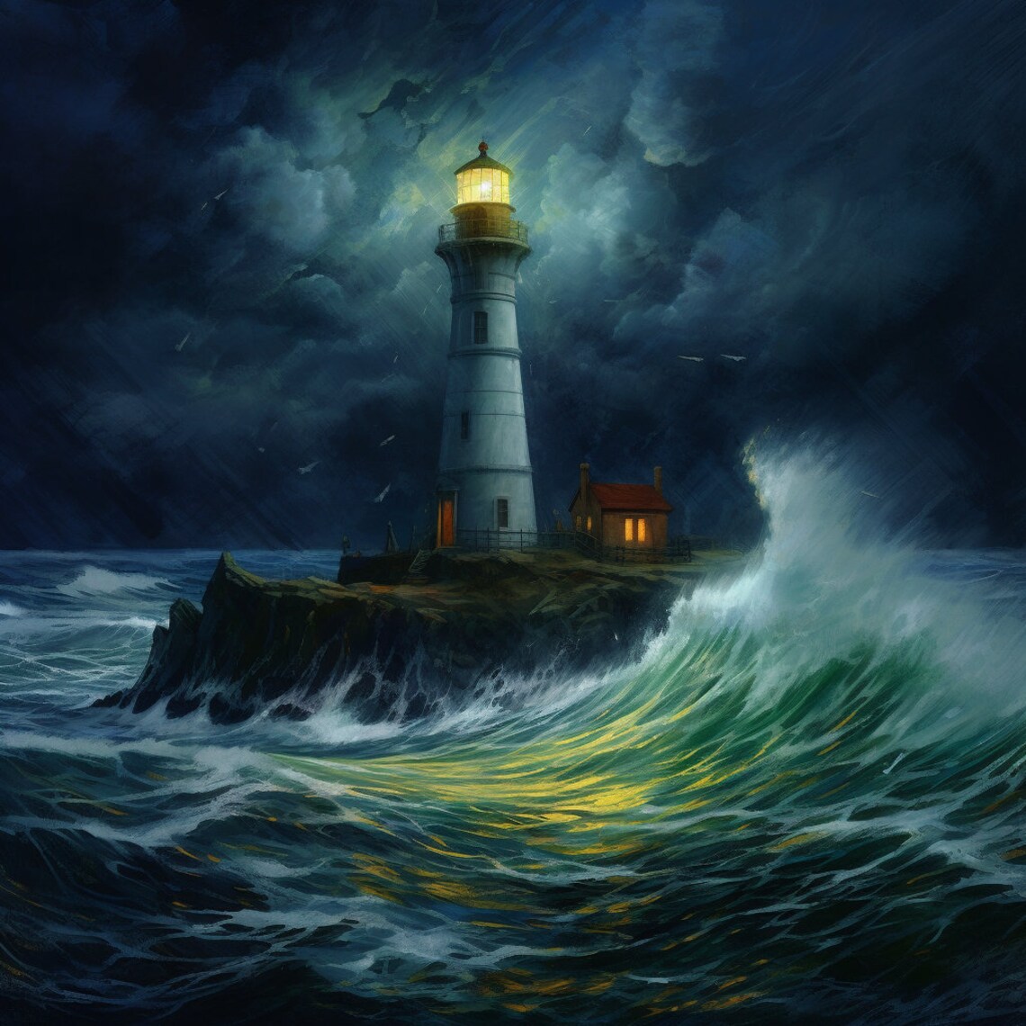 Lighthouse on a Stormy Night | Customizable Greeting Card - Etsy