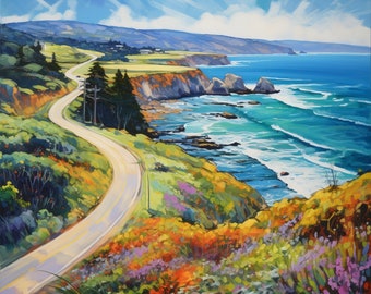 May include: A winding road leads to a scenic coastal view with a blue ocean, green hills, and a bright blue sky. The road is lined with colorful wildflowers.