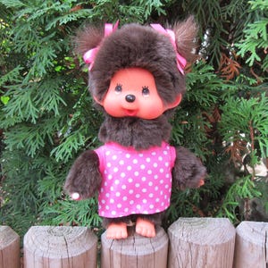 Vintage Monchhichi Girl Doll: Sekiguchi Holland, Freckles, Pacifier, Pink Dress