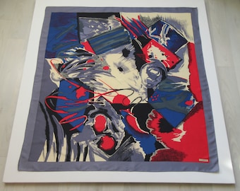 CODELLO Silk Scarf Abstract Art Design, Red Blue Gray, 87x89 cm