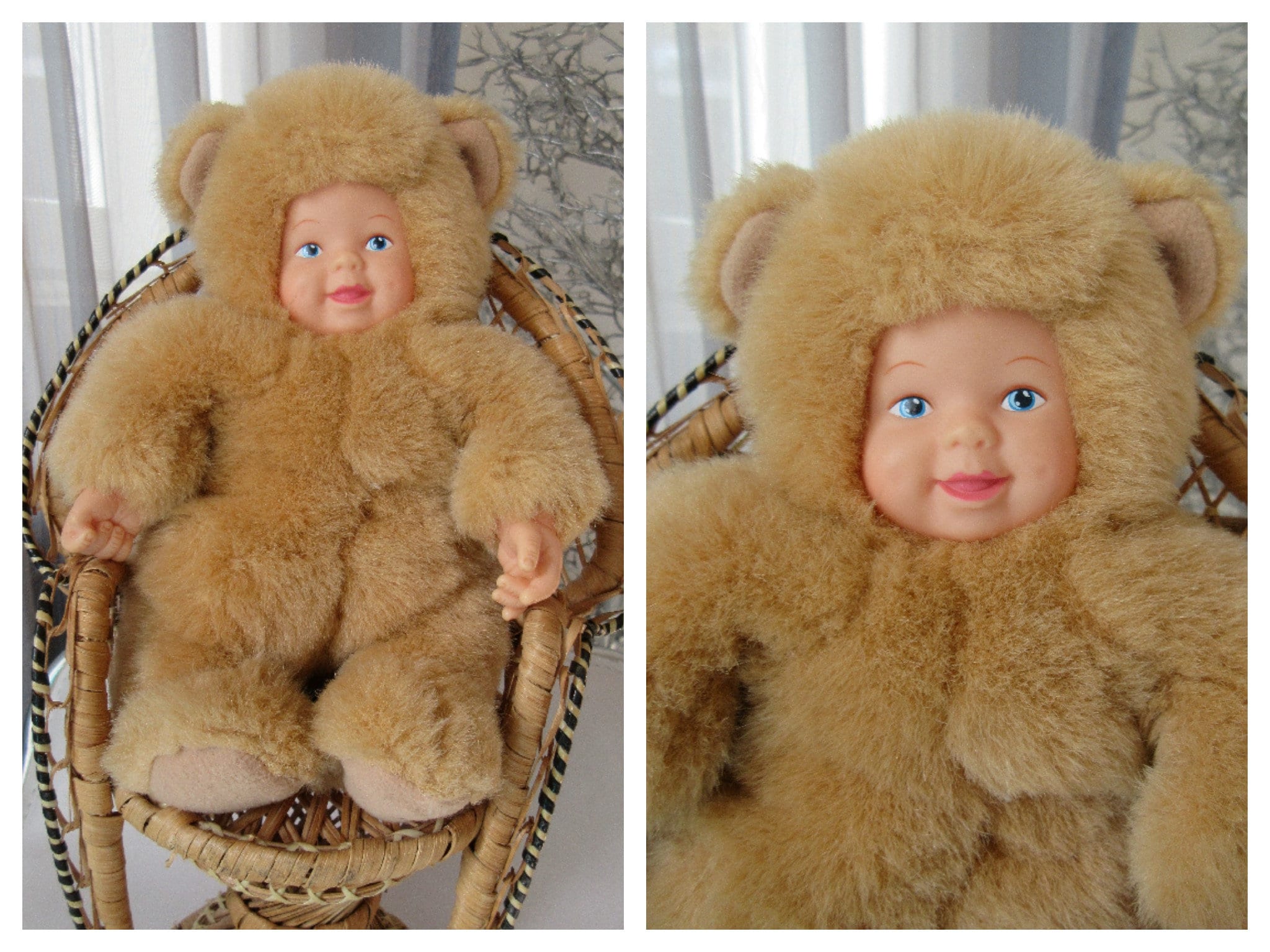 Vintage Anne Geddes Baby Doll Dressed As A Golden Brown Teddy Bear Beanie Base Plush Toy