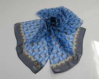 Lovely Vintage Horse Silk Stole Scarf by Inter Vet, Blue Long Extra Fine Silk Scarf