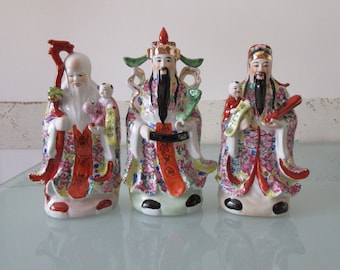 – Fu, – Lu, – Shou Trinity, figurines vintage en porcelaine chinoises peintes à la main, personnage de bon augure, H : 28 cm