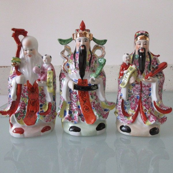 福 – Fu, 禄 – Lu, 寿 – Shou Trinity, Vintage Chinese Hand-Painted Porcelain Figurines, Auspicious Character, H:28cm