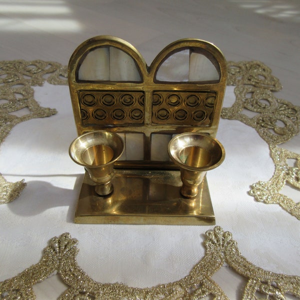 Vintage Brass And Mother Of Pearl Double Arm Candle Holder, An Arch Door Shaped Stand,Hand-Made, Hand-Carved Brass