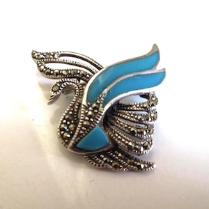 Vintage Sterling Silver Swan Brooch: Marcasite & Turquoise Accent