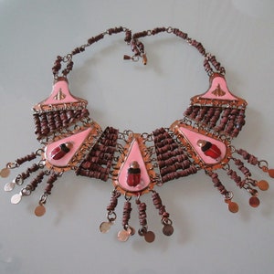 Antique Egyptian Revival Amulet Collar/Necklace, Enamel Scarab Lotus Egyptian Symbols With Ancient Egypt Clay Beads