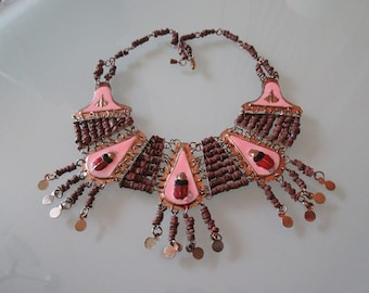 Antique Egyptian Revival Amulet Collar/Necklace, Enamel Scarab Lotus Egyptian Symbols With Ancient Egypt Clay Beads