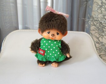 Monchhichi Sekiguchi Japan Monkey Doll Toy Girl w/Checkered Ribbon Sucking Thumb Original Sekiguchi Label 14cm Tall Stuffed Animal Toy モンチッチ