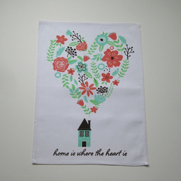 Torchon vintage ''Home is Where the Heart is'' Dense White Floral Linen/Coton Kitchen Decor 56 cm X 42 cm