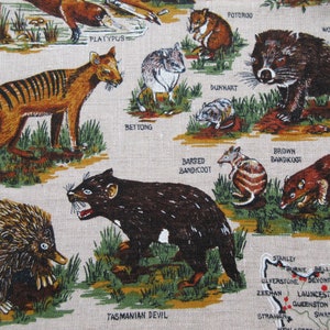 Vintage Linen Tea Towel: Tasmanian Fauna Animals, Australian Souvenir