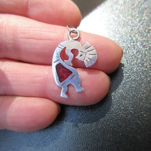 Vintage KOKOPELLI Mexico Silver Inlay Red Coral Pendant, Southwest Collectible Dancer Pendant