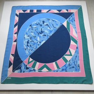 Vintage KaaH Danish Design Silk Scarf Abstract Geometric Art Pattern in Blue, Pink, Green, 85cm x 89cm, Hand-Rolled Hem, Signed, Very Rare!