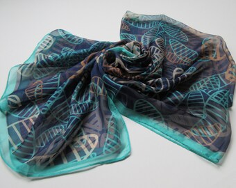 Vintage Silk Floral Scarf Multicolor Light Ethereal Silk, Blue-Green Beige Brown 160cm x 68cm Extra Long Scarf