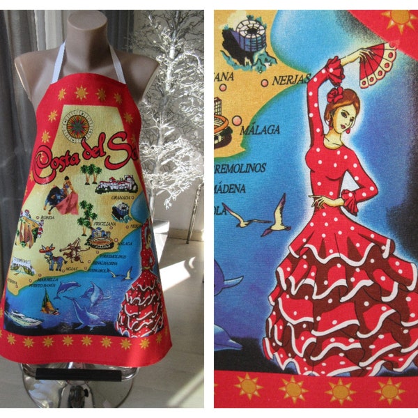 Vintage COSTA DEL SOL Delantal Baile Flamenco España Souvenir Colores Brillantes Estampado Algodón 70x60cm Perfecto Estado