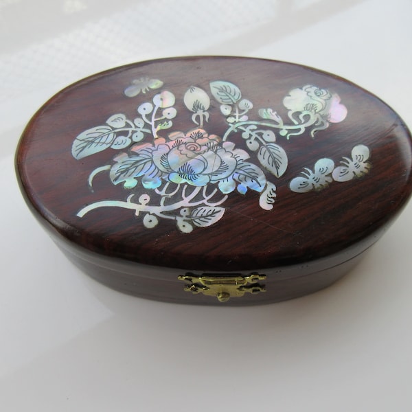 Vintage Mother Of Pearl Inlay Hinged Oval Brown Wooden Jewelry Box 11.5 x 7.5cm