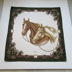 Vintage SEVINI Designer Equestrian Silk Scarf Horseheads Pattern / Green, Brown, Cream, Hand Rolled Hem /75cm x 78cm