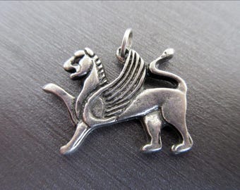 Vintage Silver Tone Griffin Pendant • Medieval Amulet Charm • Collectible Figurative Jewelry
