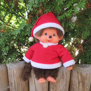 Vintage 1974 Monchhichi Monkey Doll: Christmas Costume, Freckles Face