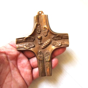 Vintage German Bronze Eucharistic Wall Cross: Giving Hands & Chalice