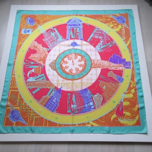 Vintage Landmarks Of Metropolis In America Heavy Silk Print Scarf, Bright Multicolor, Hand-Rolled Hem, 89cm x 89cm