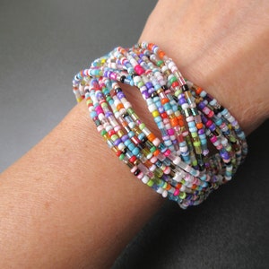 Assorted Multicolor Glass Beads Beaded Wide Braided Flexible Cuff Bangle Bracelet, Handmade Beaded Cuff Bracelet