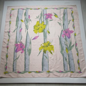 Thai Silk Lovely Vintage Floral Silk Scarf Purple & Yellow IRIS Flowers Peash Color Background Hand-Rolled Hem Made in Thailand 34&#39;&#39; in