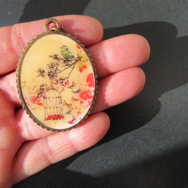 Vintage Pendant Birds Butterfly Cage Scene-Design By Aki, Gold-Tone Metal