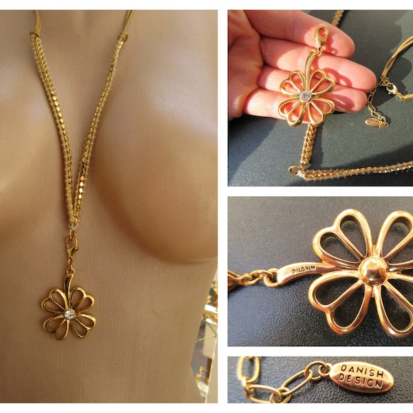 PILGRIM Danish Design Gold-Tone Necklace With CZ Flower Pendant Vintage Women's Pretty Denmark Made Jewelry