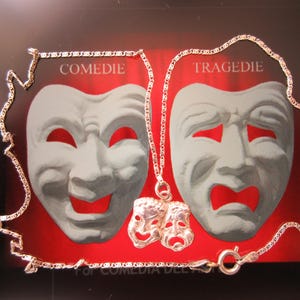 Vintage Sterling Silver Comedy/Tragedy Mask-Duel Faces-Theater Drama Masks Pendant Necklace With Scroll  Chain 46cm/18.11&#39;&#39;
