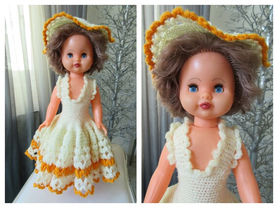 Vintage 1950's Soviet USSR Russia Plastic Doll Handmade Crochet Dress &  Hat, Sleepy Eyes Rooted Hair, Posable Arms and Legs, Jointed, H 47cm 