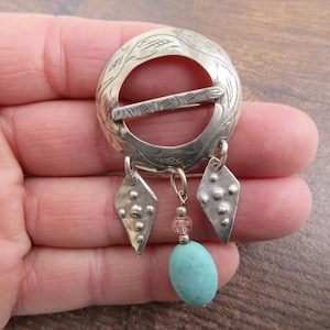 Antique Marco Begaye Navajo Signed M B 830 Sterling Silver Engraved Dangle Turquoise Pin Brooch, Rare, 6.25g